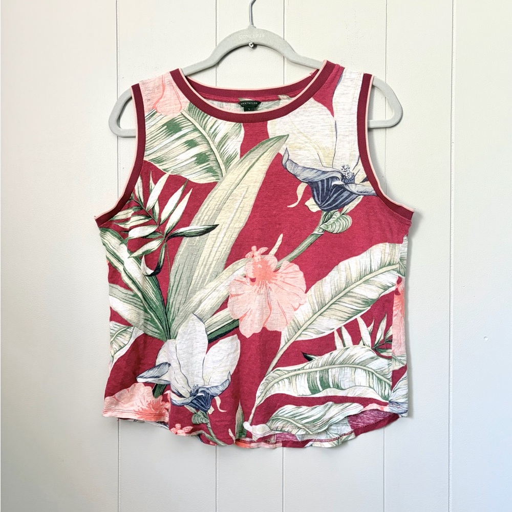 Ann Taylor 100% Linen Sleeveless Top Boxy Fit Tropical Burgundy Resortwear Large